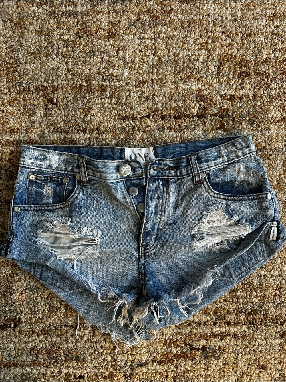 One Teaspoon Distressed Light Blue Denim Jean Shorts